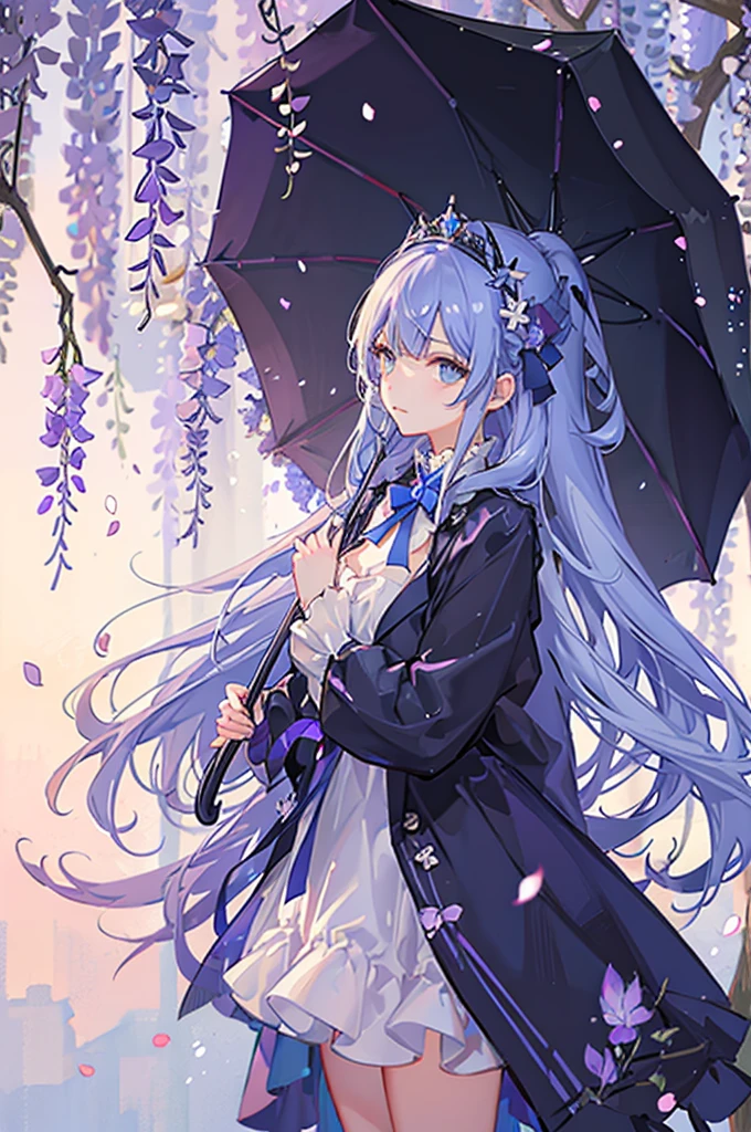 A girl with long blue hair, wearing a royal dress, holding an umbrella, sad face, surrounded by falling wisteria petals, the colors are magical and shimmering, the effect is magical and filling. remote, panoramic view from afar