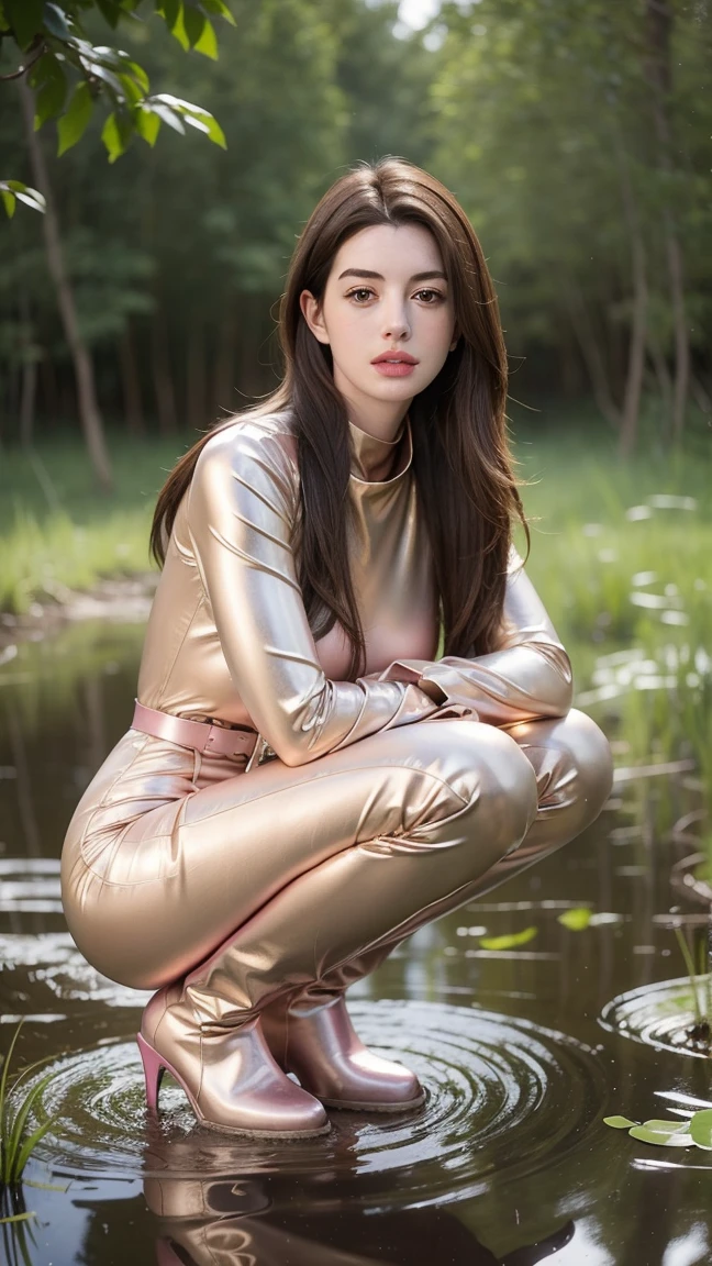 Young Anne Hathaway has long brown hair,Wearing a pink shiny full body suit，Full breasts，Long legs，Over the knee boots，Wear a belt，Squatting in the swamp，Stuck in the Swamp，The body was covered in mud stains，Full body picture，Realistic