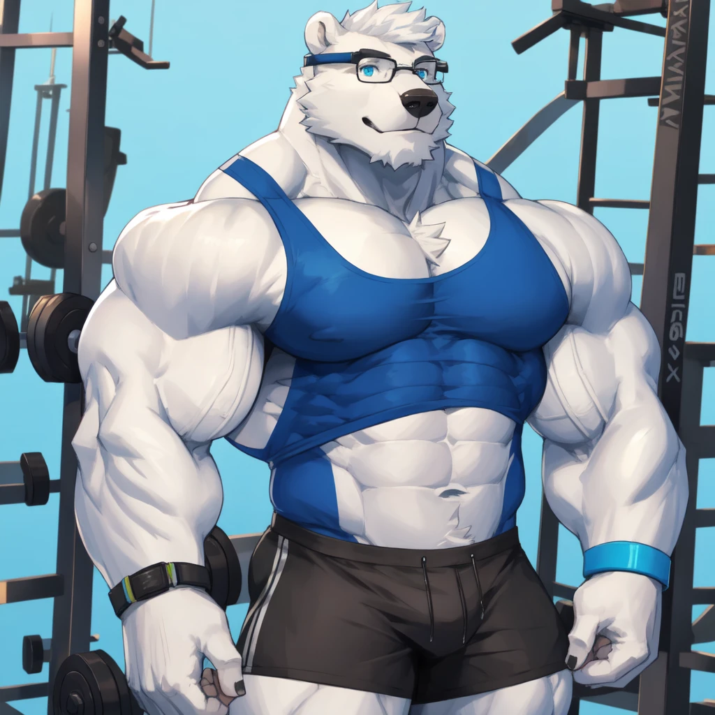 solo, 1boy, Huge Muscular White Polar Bear wearing glasses, huge white fur, pectoral, huge pectoral, wide pectoral, short white hair, blue colored gym short pants, blue colored wristbands and blue colored tank top, white bearded, white Mustache, white fur, simple background, masterpiece, high detailed, 8k, high resolution, at the gym, flexes huge muscles
