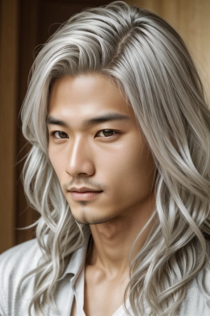 The portrait of a handsome an beautiful man at the same time. Asian and English features in the bed blend. Long wavy silver white hair, manly but delicate features. Lightly tan skin from the sun, but fairly skin at its real one, golden profoundly wise eyes, cold but full of expression 