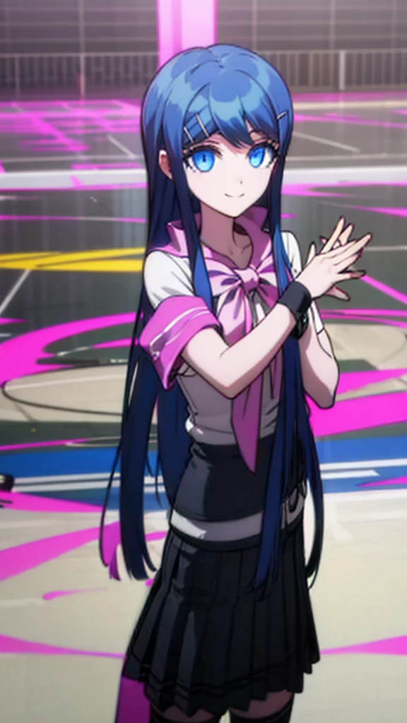 best quality, masterpiece, cowboy shot, standing, landscape, 1girl, (long straight blue hair), skirt, white, blue eyes, pink bow, hairclip, black legwear, smile warmly