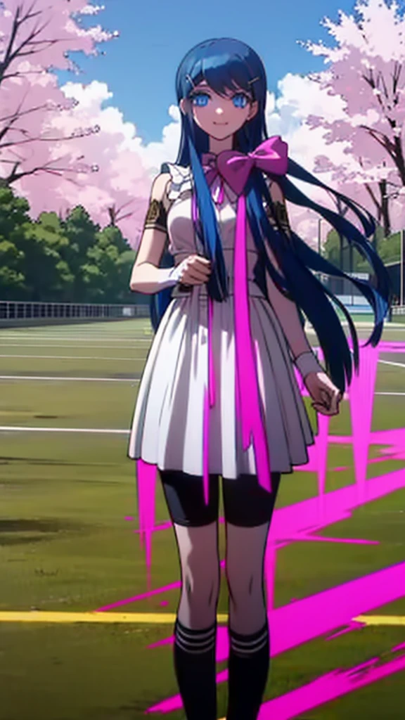 best quality, masterpiece, cowboy shot, standing, landscape, 1girl, (long straight blue hair), skirt, white, blue eyes, pink bow, hairclip, black legwear, smile warmly