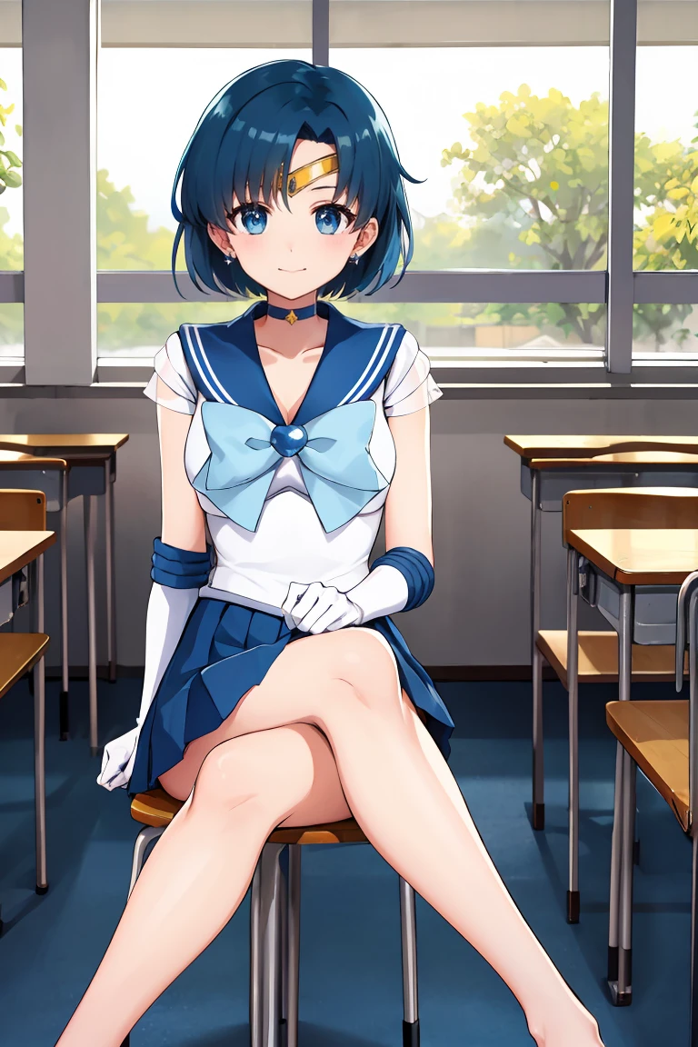 masterpiece, Highest quality, High resolution, Mercury 1, One girl, alone, Sailor Warrior Uniforms, Sailor Mercury, Which is Mizuno, Blue Hair, Magical girl, blue eyes, Blue Skirt, Elbow hand pockets, tiara, Pleated skirt, Hair Ribbon, Blue sailor collar, mini skirt, choker, Blue choker, White gloves, Short Hair, jewelry, Earrings, Sitting, Crossing your legs,The background is a school classroom,smile、