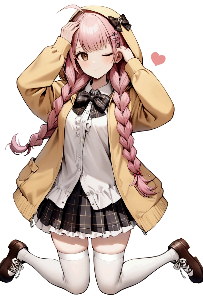 highres 1girl ahoge bobby_pin bow bowtie braid brown_eyes collared_shirt dojikko_pose frilled_shirt frilled_shirt_collar frilled_skirt frills hair_bow hair_ornament hairpin hand_on_own_head heart heart_hair_ornament hood hooded_jacket jacket long_hair one_eye_closed pentagram pink_hair plaid plaid_bow plaid_skirt pleated_skirt shirt shoelaces shoes simple_background standing skirt solo star_(symbol) twin_braids wariza white_background white_thighhighs, full body