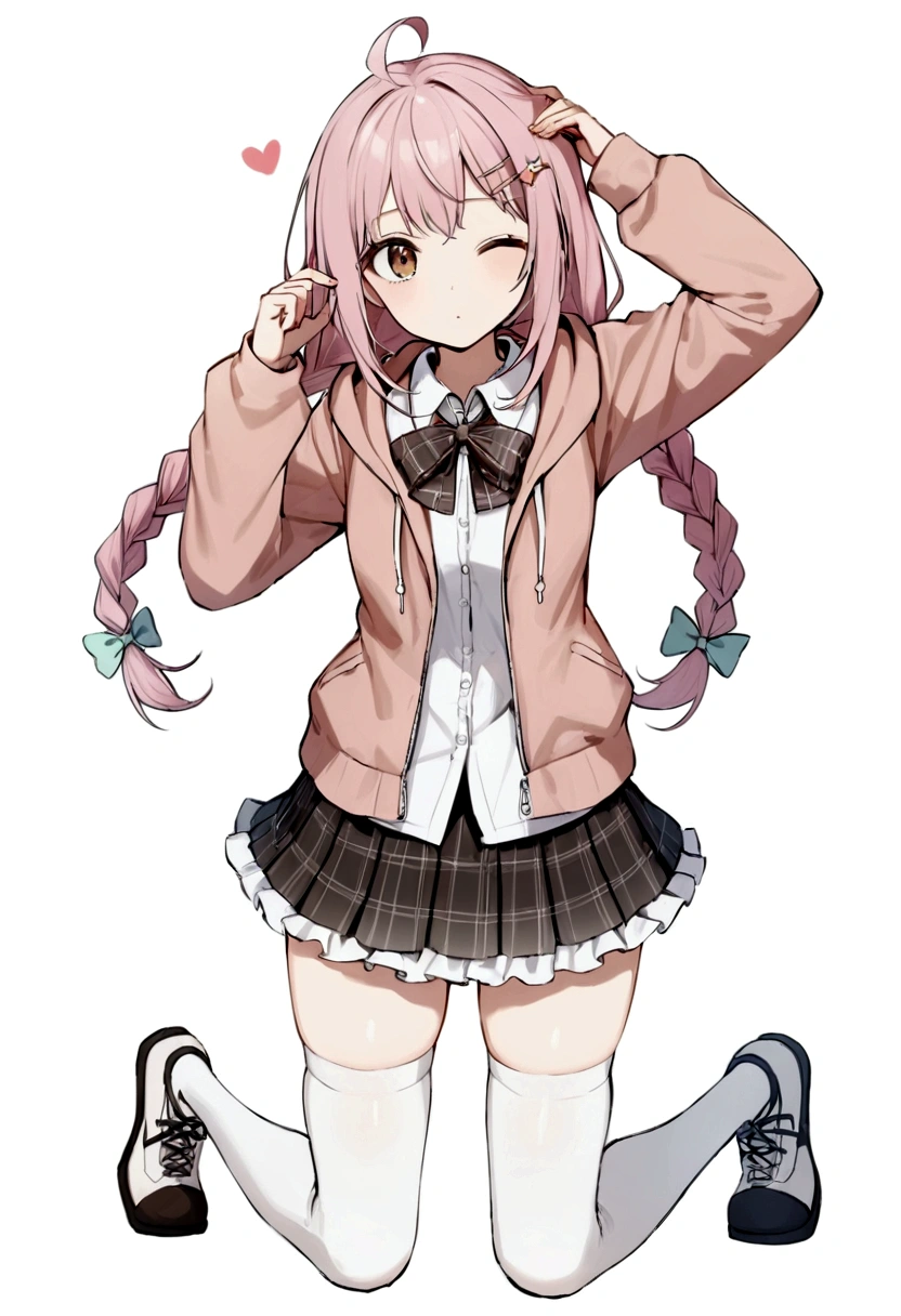 highres 1girl ahoge bobby_pin bow bowtie braid brown_eyes collared_shirt dojikko_pose frilled_shirt frilled_shirt_collar frilled_skirt frills hair_bow hair_ornament hairpin hand_on_own_head heart heart_hair_ornament hood hooded_jacket jacket long_hair one_eye_closed pentagram pink_hair plaid plaid_bow plaid_skirt pleated_skirt shirt shoelaces shoes simple_background standing skirt solo star_(symbol) twin_braids wariza white_background white_thighhighs, full body