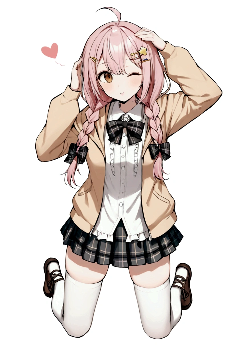 highres 1girl ahoge bobby_pin bow bowtie braid brown_eyes collared_shirt dojikko_pose frilled_shirt frilled_shirt_collar frilled_skirt frills hair_bow hair_ornament hairpin hand_on_own_head heart heart_hair_ornament hood hooded_jacket jacket long_hair one_eye_closed pentagram pink_hair plaid plaid_bow plaid_skirt pleated_skirt shirt shoelaces shoes simple_background standing skirt solo star_(symbol) twin_braids wariza white_background white_thighhighs, full body