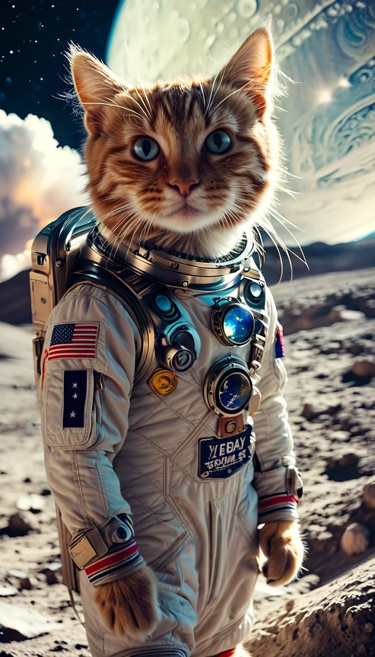 A cat in a spacesuit landed on the moon。Earth in the background。