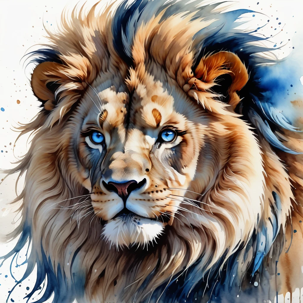 a majestic fluffy lion head, stunning blue eyes, detailed watercolor painting, sharp contours, masterpiece 4k, high definition