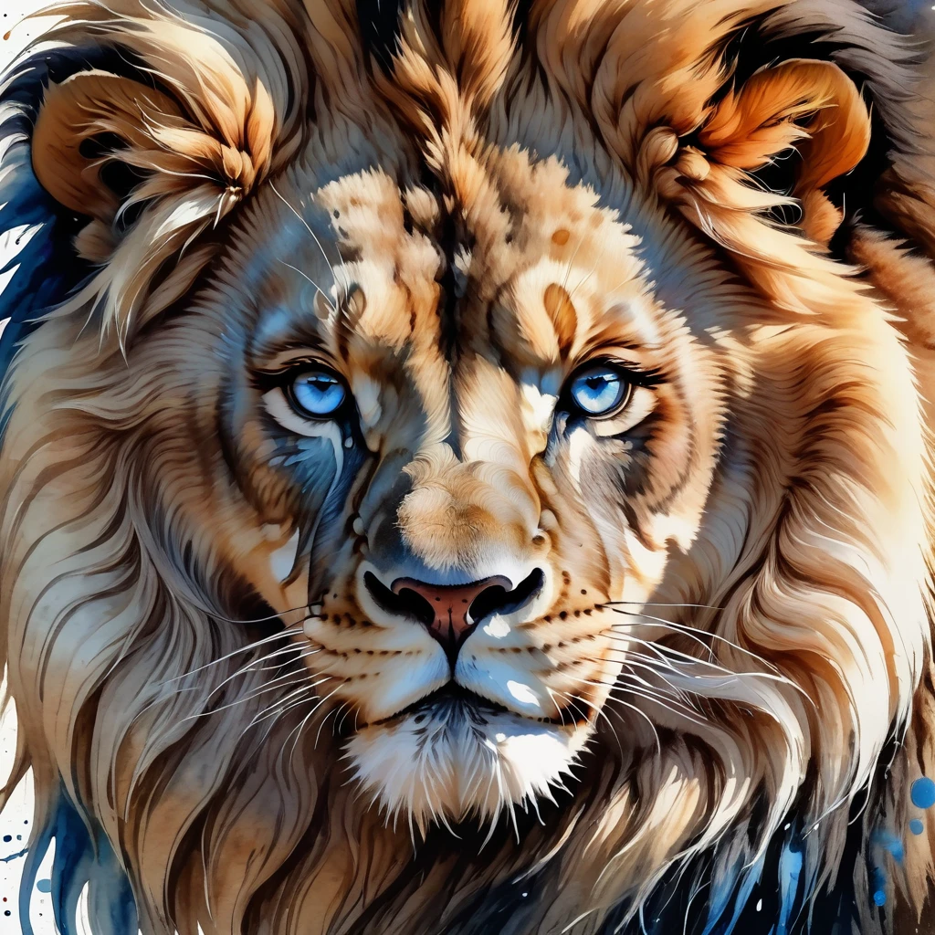 a majestic fluffy lion head, stunning blue eyes, detailed watercolor painting, sharp contours, masterpiece 4k, high definition