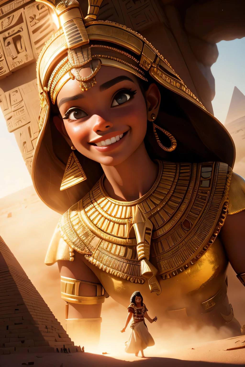 a young girl visiting the egyptian pyramids, smiling, adventurous style, energetic, highly detailed, photorealistic, 8k, hyperrealistic, extremely detailed, cinematic lighting, warm color tones, dramatic shadows, ornate jewelry, intricate clothing details, confident pose, dynamic composition, golden hour lighting, volumetric fog, atmospheric haze