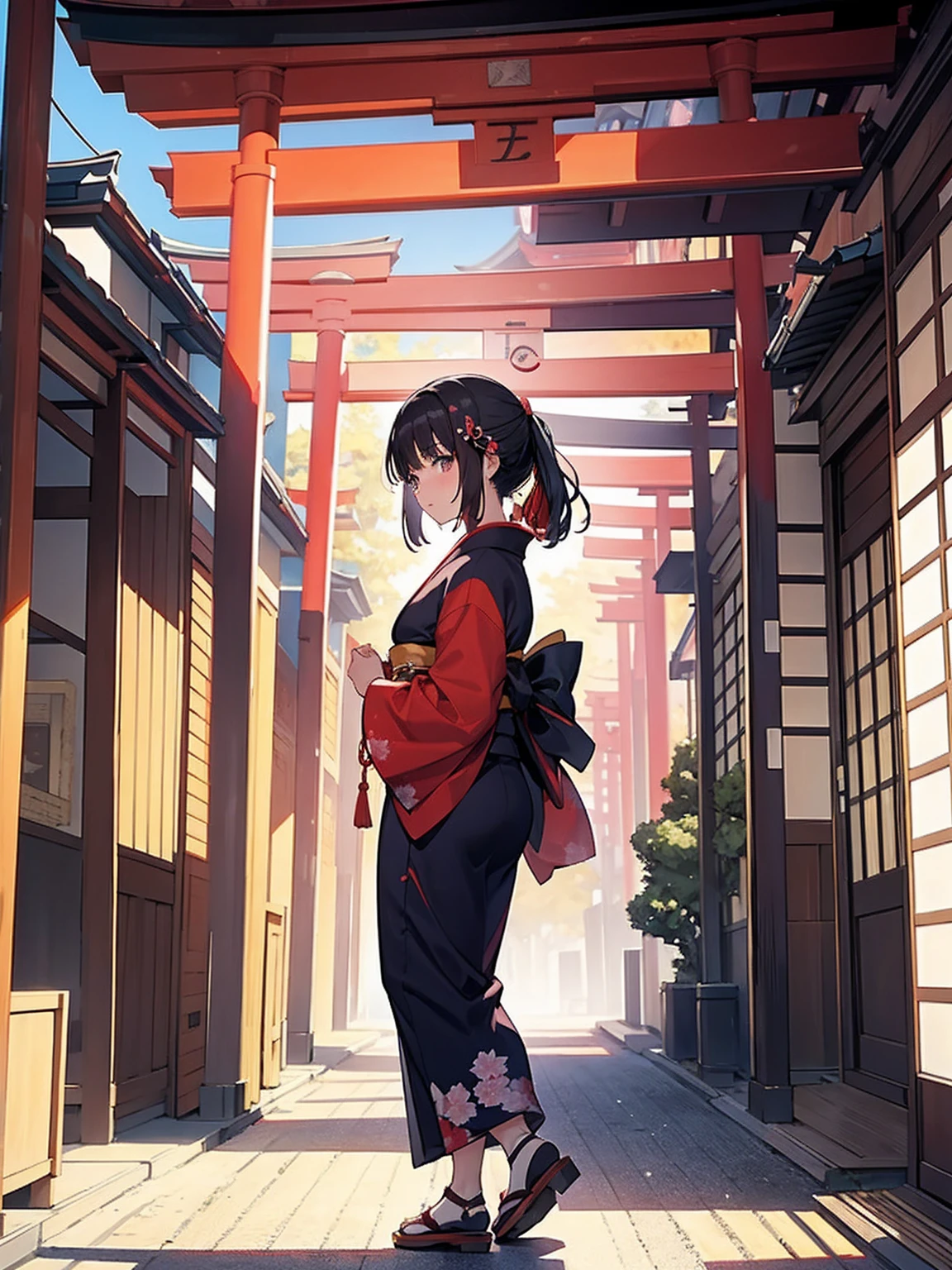 nape, Woman in kimono, Scenery of Kyoto townhouses, Infinite Torii