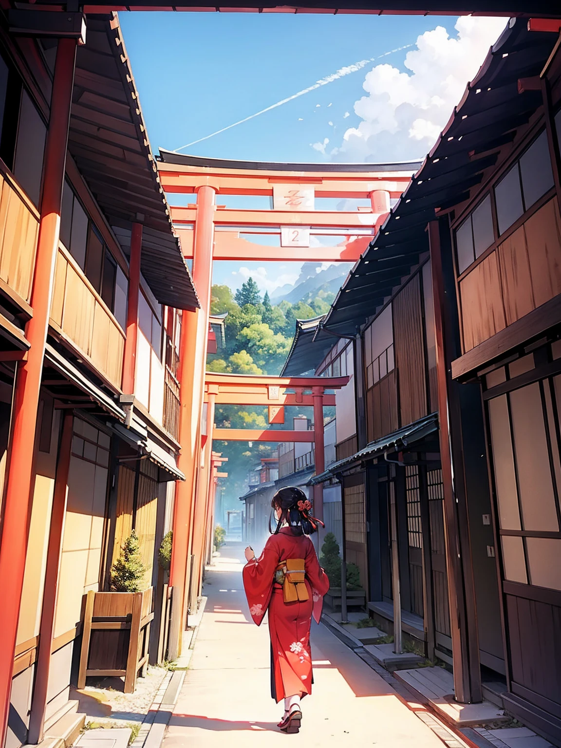 nape, Woman in kimono, Scenery of Kyoto townhouses, Infinite Torii