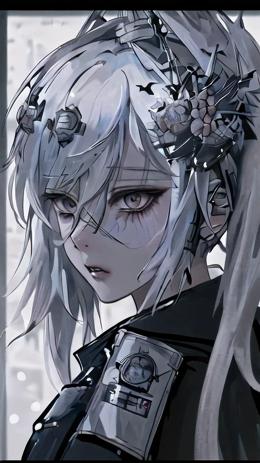 anime girl with white hair and black jacket looking at camera, girl with white hair, detailed portrait of anime girl, from girls frontline, semirealistic anime style, stunning anime face portrait, beautiful anime portrait, perfect white haired girl, fine details. girls frontline, realistic anime artstyle, made with anime painter studio, portrait anime girl, anime realism style, white haired