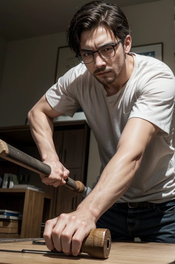 a man holding a sledgehammer to hit an eyeglass frame in front of him on a brown table