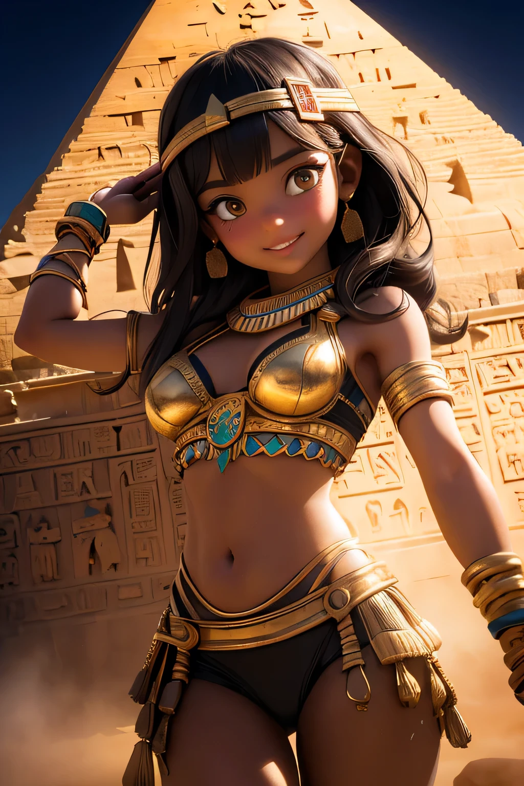 a young girl visiting the egyptian pyramids, smiling, adventurous style, energetic, highly detailed, photorealistic, 8k, hyperrealistic, extremely detailed, cinematic lighting, warm color tones, dramatic shadows, ornate jewelry, intricate clothing details, confident pose, dynamic composition, golden hour lighting, volumetric fog, atmospheric haze