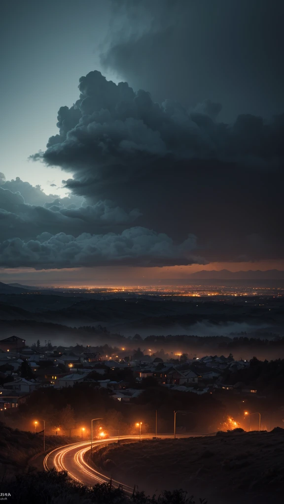 masterpiece, best quality, highly detailed, best quality, UHD, 8k, wallpaper, cinematic, Post-apocalyptic, 5K night landscape, rain, wilderness, dramatic clouds, beautiful colours, scene design, light coronas, light and shadow, cinematic lighting, sharp image, distant city lights, intricate details