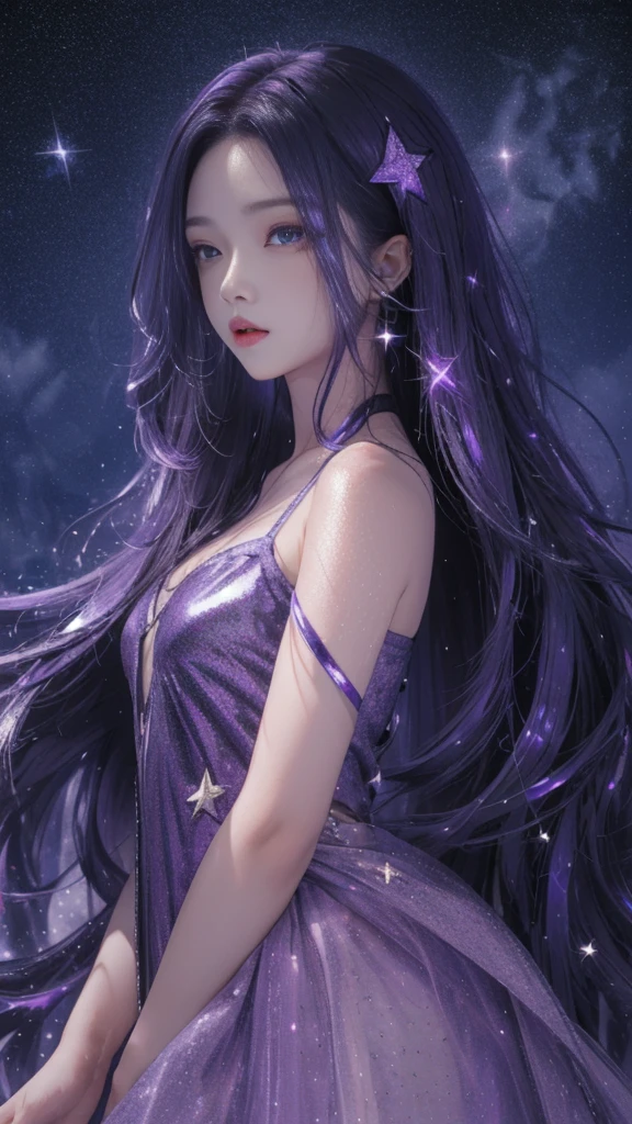 masterpiece, best quality,high resolution, 1 Girl, star in eye, Purple long hair, Starry sky dots hair, (((sparkling))), (luminescent), Detailed shadows, meteor,fanxing, Technical clothing, Bare shoulders, whole body