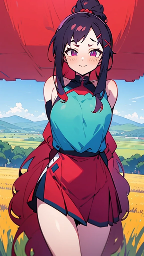 high tail hairstyle, Ponytail hairstyle, Long wavy black hair, standing posing, anime girl style, pixel art anime style,penetrating look with deep eyes,red and purple eyes, hair with a ponytail hairstyle trapped with a big red bun, Women, red hair clips, x color shaped hair clips , smiling face blush, in a large field with mountains in the background 