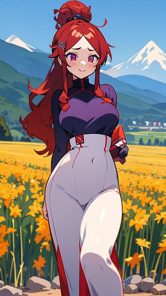 high tail hairstyle, Ponytail hairstyle, Long wavy black hair, standing posing, anime girl style, pixel art anime style,penetrating look with deep eyes,red and purple eyes, hair with a ponytail hairstyle trapped with a big red bun, Women, red hair clips, x color shaped hair clips , smiling face blush, in a large field with mountains in the background
