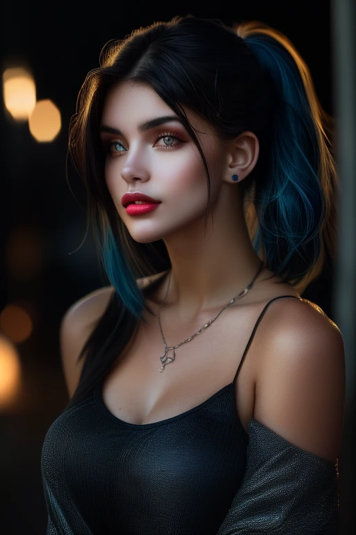 Kate, Cabelo preto curto com mechas azuis, olhando para o espectador, Olhos de cor azul, corpo perfeito, (( camisola de seda branca, sexy )), bead necklace, hair behind ear, short ponytail, black hair, streaked hair, blue hair, sigh, red lips, cowboy shot, blurry foreground, cinematic lighting, masterpiece, textured skin, highres, 8k
