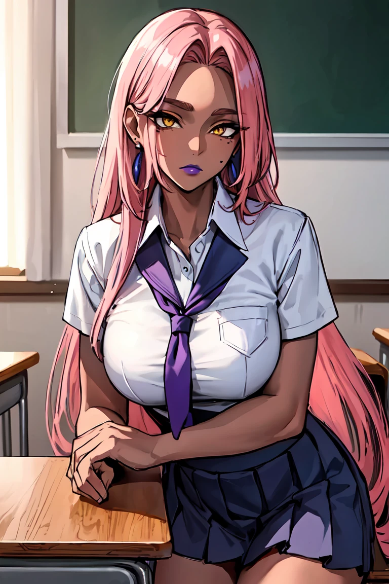 (Masterpiece, A high resolution, Best quality:1.3), 8K, Highly detailed, Intricate, Colorful, vibrant image, Sharp focus, digital blending, 4K, Popular on Pixiv Ingrid, ((school uniform)), Solo, Mature female, 40yo, A MILF, Curvy, (dark skinned female:1.15), Dark skin, posing on a, Classroom, Table, chair, Sitting, (Expressionless:1.2), view the viewer, Cowboy shot, Pink hair, Very long hair, Forehead, hair intakes, Purple lipstick, Makeup, Moles under the mouth, Yellow eyes, Perfect eyes, Perfect face, ultra detailed hair, Ultra detailed face, Earrings, Ultra-detailed lips, Large breasts, Ultra-fine lipstick,