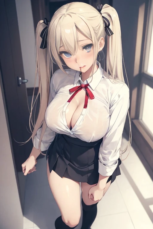 ((Highest quality)), ((masterpiece)), (detailed), One girl, sexly，Young girl，Beautiful girls，18 year old girl，Beautiful Eyes，blue eyes，Well-balanced body line，Thin arms，Thin legs，Beautiful fingers，White skin，Beautiful Skin，Curved waist，Russian girls，Beautiful blonde hair，Flexible hair，Long Hair，White shirt，Red ribbon around neck，Black Mini Skirt，White socks，Black Loafers，Big Breasts，blush，Mouth half open，Embarrassed expression，Expressions of ecstasy，Moist eyes，Are standing，Look straight ahead，Eyes pleading for something，Twin tails，Knee socks，whole body，White panties，The shirt is unbuttoned，Cleavage，A girl&#39;s skirt reveals her panties，Shyness，Love juices flowing down her thighs