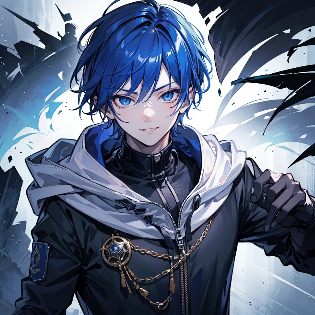 1 boy, close up face,
a handsome young man, short cut,blue hair, blue eyes, mischievous smile, large hooded sweatshirt, detailed portrait, cinematic lighting, dramatic colors, intricate details, striking pose, moody atmosphere