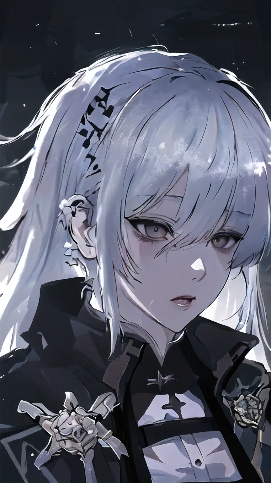 anime girl with white hair and black jacket looking at camera, girl with white hair, detailed portrait of anime girl, from girls frontline, semirealistic anime style, stunning anime face portrait, beautiful anime portrait, perfect white haired girl, fine details. girls frontline, realistic anime artstyle, made with anime painter studio, portrait anime girl, anime realism style, white haired