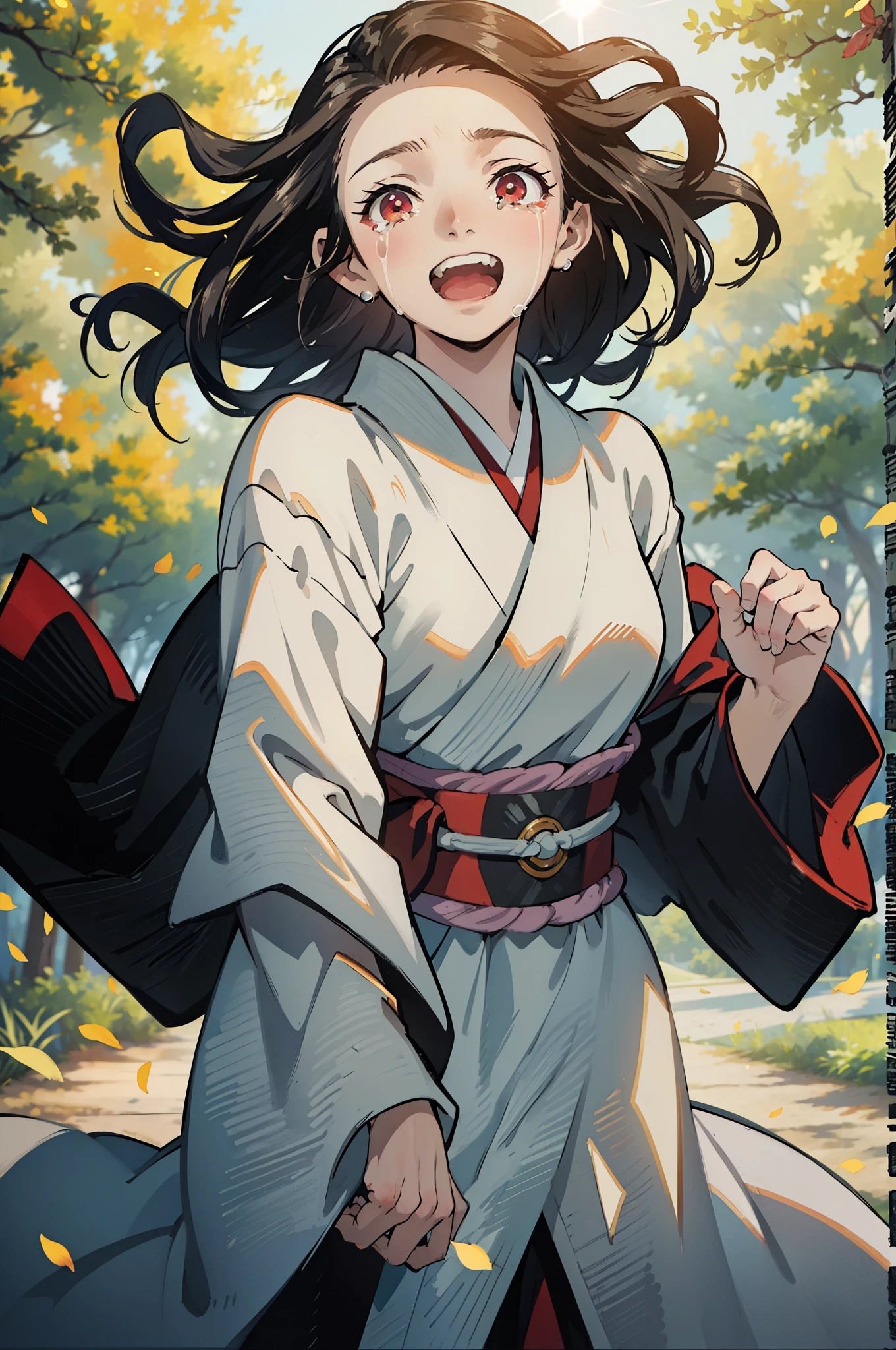 (masterpiece, best quality:1.2), kimetsu no yaiba style, kiyomi, (1girl, solo), 18years old, upper body, (front view, looking at viewer:1.2), simple white kimono, black long hair, (wind blowing hair:1.2), forehead, red eyes, (closing fingers, make fist, knuckle), BREAK (happy tears, crying and laughing:1.2), (forest background, depth of field, sunlight filtering through the trees, sun glare, light particles)