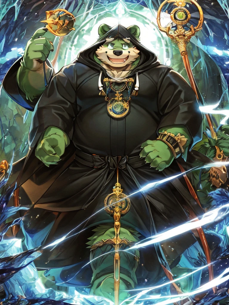 anthro, kemono, male, solo, ((round face, very plump face, thick beard)), (((dark beard))), ((endomorph body type, old-aged)), ((green bear, bear) fluffy fur, fluffy), (at old ruin, dungeons), bokeh, (high quality, highres, masterpiece), (dynamic lighting, vivid color), (generous smile), (face focus), front view (close up), cartoon, (((green bear))), (((green fur))), green hair, beard, white eyebrows, bald, detailed red eyes, tall, black metal staff, (black t-shirt inside), (((white robe coat with hood))), by zixiong, by takemoto arashi, by zixiong, (by null-ghost:0.8), (by t.y.stars:0.4), an older man(European medieval magician)，Holding staff，Stand in the magic array，releasing magic，surrounded by fire and ice。Medium shot composition，full body pictures，Characters and scenes，Anime illustration style，HD，4K。