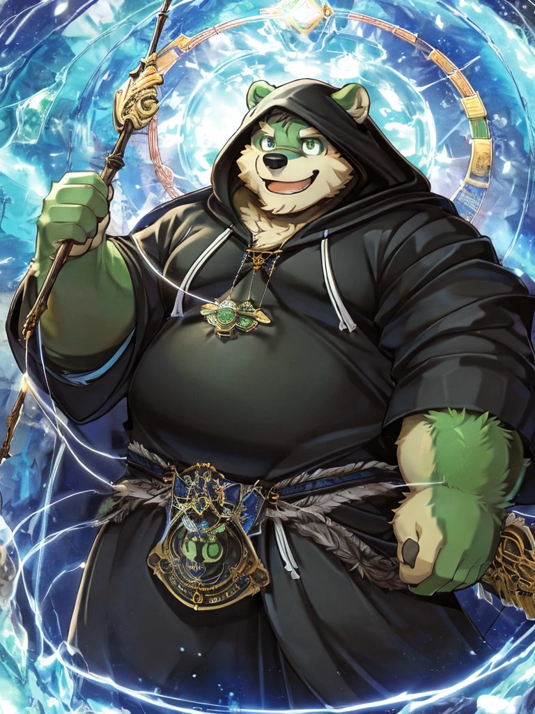 anthro, kemono, male, solo, ((round face, very plump face, thick beard)), (((dark beard))), ((endomorph body type, old-aged)), ((green bear, bear) fluffy fur, fluffy), (at old ruin, dungeons), bokeh, (high quality, highres, masterpiece), (dynamic lighting, vivid color), (generous smile), (face focus), front view (close up), cartoon, (((green bear))), (((green fur))), green hair, beard, white eyebrows, bald, detailed red eyes, tall, black metal staff, (black t-shirt inside), (((white robe coat with hood))), by zixiong, by takemoto arashi, by zixiong, (by null-ghost:0.8), (by t.y.stars:0.4), an older man(European medieval magician)，Holding staff，Stand in the magic array，releasing magic，surrounded by fire and ice。Medium shot composition，full body pictures，Characters and scenes，Anime illustration style，HD，4K。