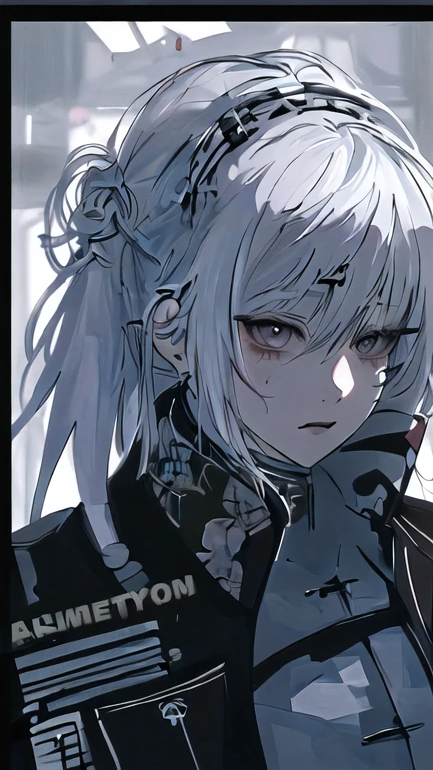 anime girl with white hair and black jacket looking at camera, girl with white hair, detailed portrait of anime girl, from girls frontline, semirealistic anime style, stunning anime face portrait, beautiful anime portrait, perfect white haired girl, fine details. girls frontline, realistic anime artstyle, made with anime painter studio, portrait anime girl, anime realism style, white haired