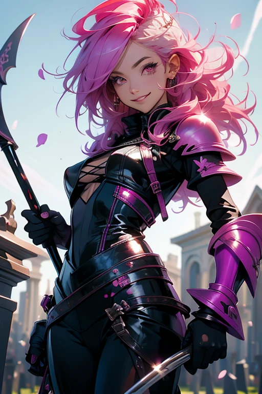 A pink haired reaper with violet eyes with an hourglass figure in leather armor is posing with her scythe in a flurry of peony petals with a big smile in a cemetery