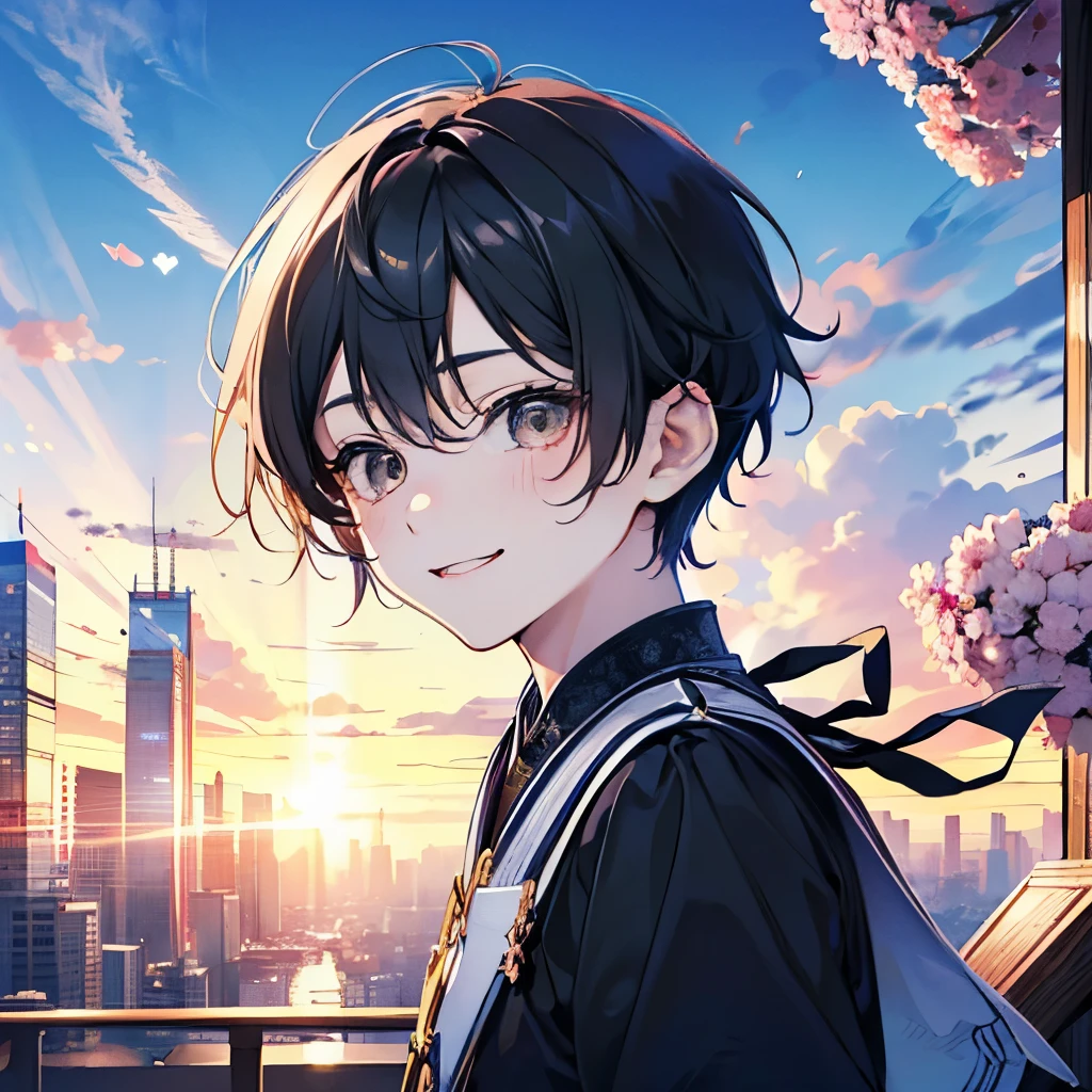 (brush),((cute,kawaii,wonderland)),(A big smile),((boy,Shota,juvenile:1.2)),((Near future city:1.25)),((Men's hooded jersey:1.15)),Angle from below,Angle of incitement,((Stroll along the stardust road)),(Short Hair:1.3),Close-up of face.