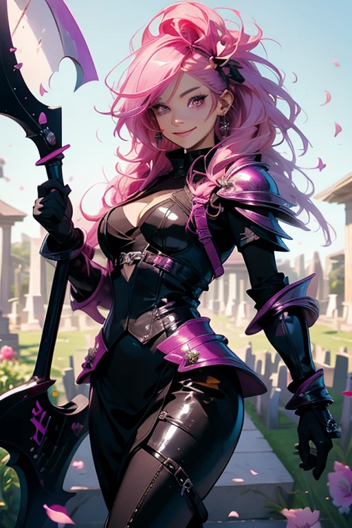 A pink haired reaper with violet eyes with an hourglass figure in leather armor is posing with her scythe in a flurry of peony petals with a big smile in a cemetery