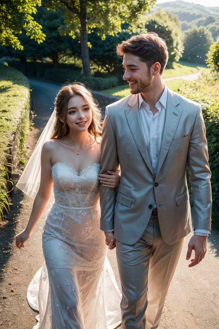 a happy couple walking hand in hand, smiling, beautiful detailed eyes, beautiful detailed lips, extremely detailed eyes and face, long eyelashes, romantic, intimate, tender, soft lighting, glowing skin, warm color palette, peaceful countryside, lush greenery, scenic landscape, golden hour, photorealistic, 8k, high quality, masterpiece