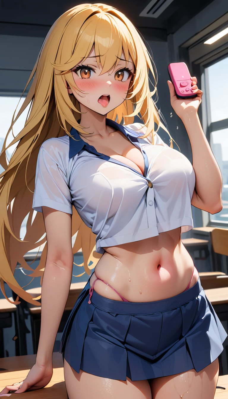 [1girl, shokuhou misaki, toaru majutsu no index], (goblin slayer!), (throw_hand, pink vibrator remote switch in throw_hand, throw:1.2), Highest quality, Super detailed, masterpiece, Ultra-high resolution, 8K, Ridiculous, Cowboy Shooting, Blurred, Focus on the girl, Embarrassing, blush, Lovely, Open your mouth, What saliva leaves behind, Wet skirt hem, (Sticky panties:1.1), Bulging of the vibrator cord, Vibrator with Garters, (cleavage), Classroom Background, The skirt is accidentally exposed,(large breasts), (crop top navel), (waist line), Accidentally exposed panties