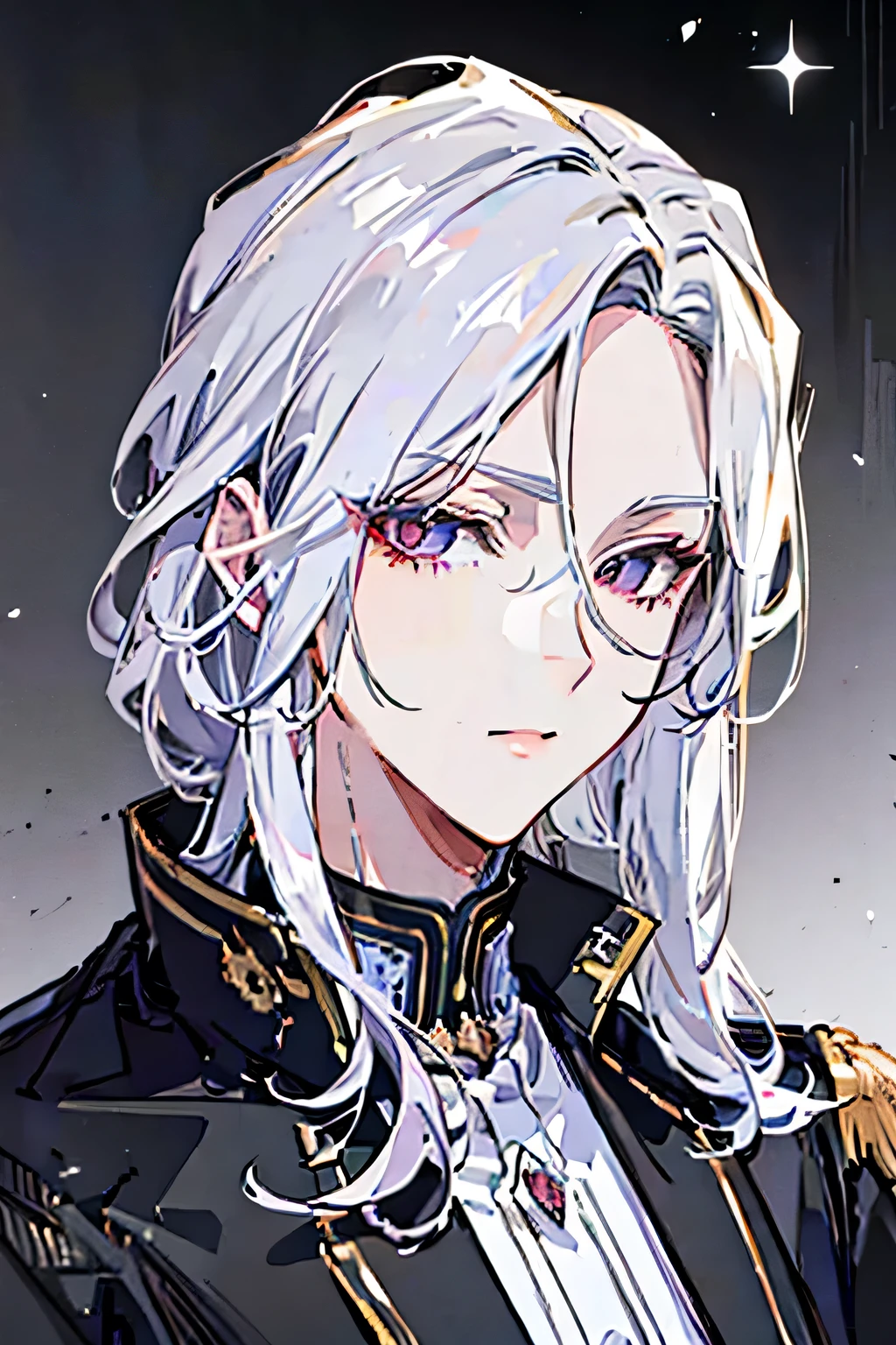 1male, Best quality，masterpiece，a high resolution，Adult male, (Messy Pearly Silver hair), dusty lilac color eye，elegant features, academy uniform，black pants, gorgeous accessories，coquettish，gentle, seductive, the background is a academy，human race，smiling, face portrait