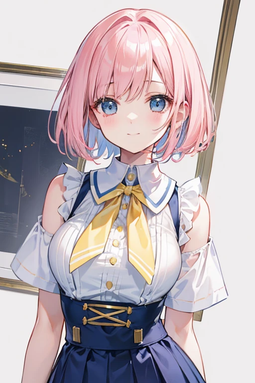 Light pink hair Short Bob White sleeveless Navy blue corset and skirt Yellow ribbon tie 1People Girl Smiling