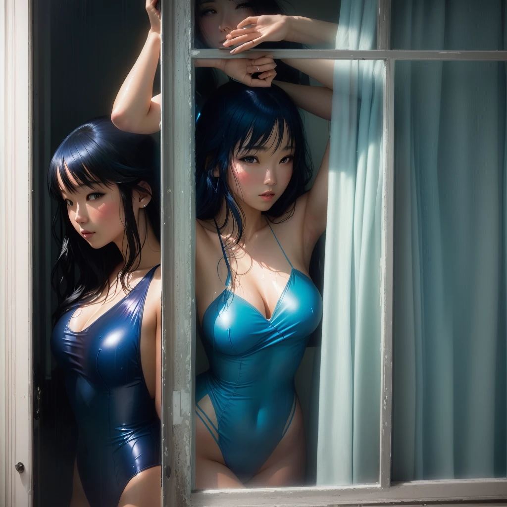 there is a woman that is looking out of a window, Looking Outside, Wet swimsuit, In a plastic blue dress, Wearing a leotard, Leaning against the window, Wearing Atsuko Kudo&#39;s latex costume, Blue body, Blue body paint, Translucent body, Next to the window, Wearing a swimsuit, Morning light, Wearing a dress made of water