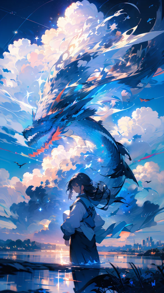 humpback, cloud,(building), sky,scenery, no humans, Starry sky,fish, night sky, full moon, cloudy sky, outdoors, fantasy、One Girl,Long Hair,blue sky,cloud,Sparkling Morning