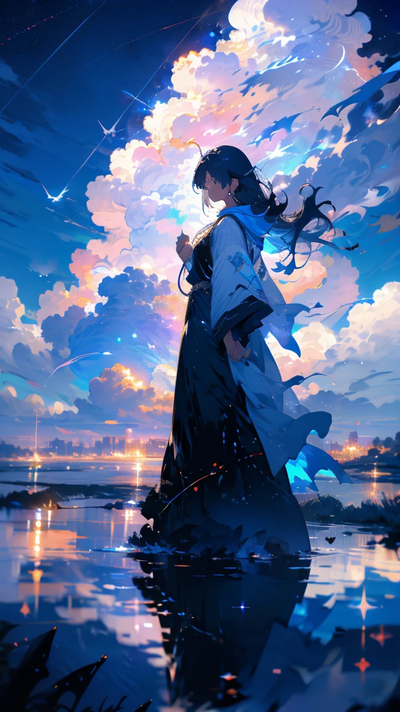 humpback, cloud,(building), sky,scenery, no humans, Starry sky,fish, night sky, full moon, cloudy sky, outdoors, fantasy、One Girl,Long Hair,blue sky,cloud,Sparkling Morning