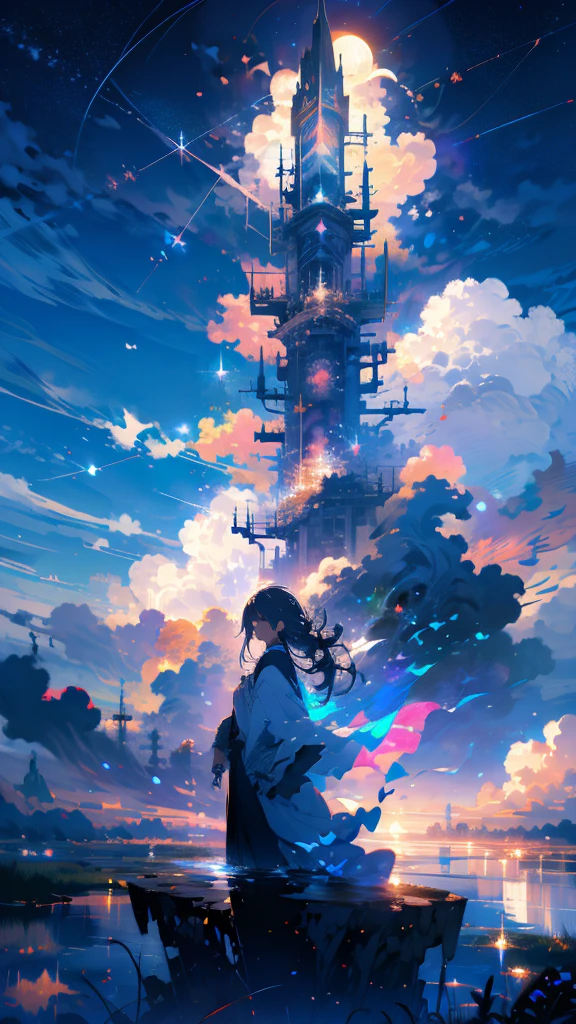 humpback, cloud,(building), sky,scenery, no humans, Starry sky,fish, night sky, full moon, cloudy sky, outdoors, fantasy、One Girl,Long Hair,blue sky,cloud,Sparkling Morning