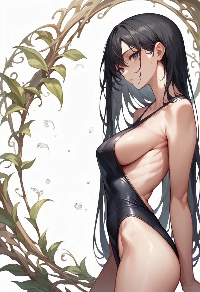 masterpiece,Highest quality,High resolution,shape,Very detailed,8k CG wallpaper,One Girl,Ray Tracing,Beautiful breasts,Long black hair, Black oversized swimsuit,White background,Moderately slim body type,Body sideways,Sideboob,