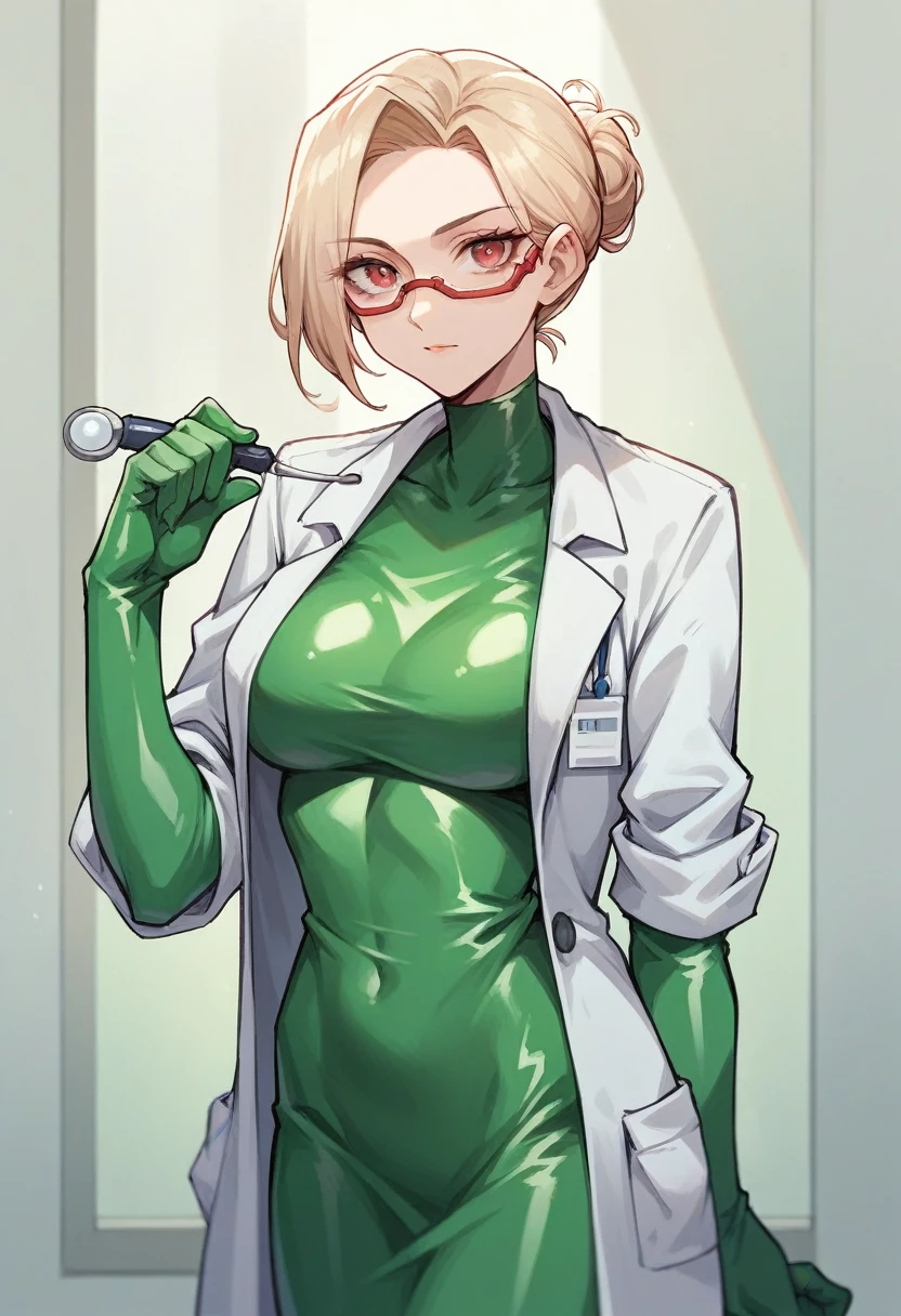 1girl, light hair, ((green elbow gloves)), ((surgical gloves)), ((latex gloves)), ((long sleeves)) ((red surgeon outfit)), looking at viewer, ((doctor)), standing, solo