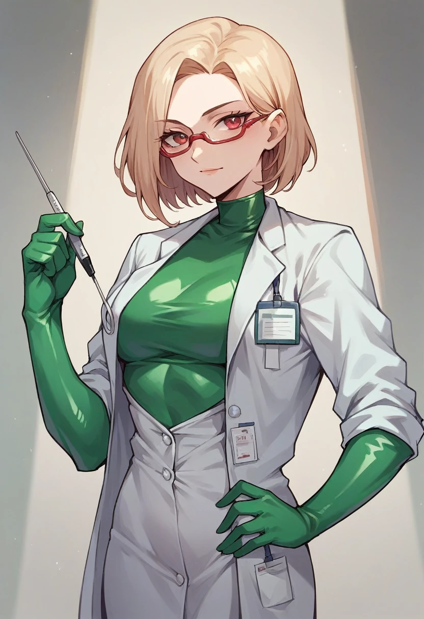 1girl, light hair, ((green elbow gloves)), ((surgical gloves)), ((latex gloves)), ((long sleeves)) ((red surgeon outfit)), looking at viewer, ((doctor)), standing, solo