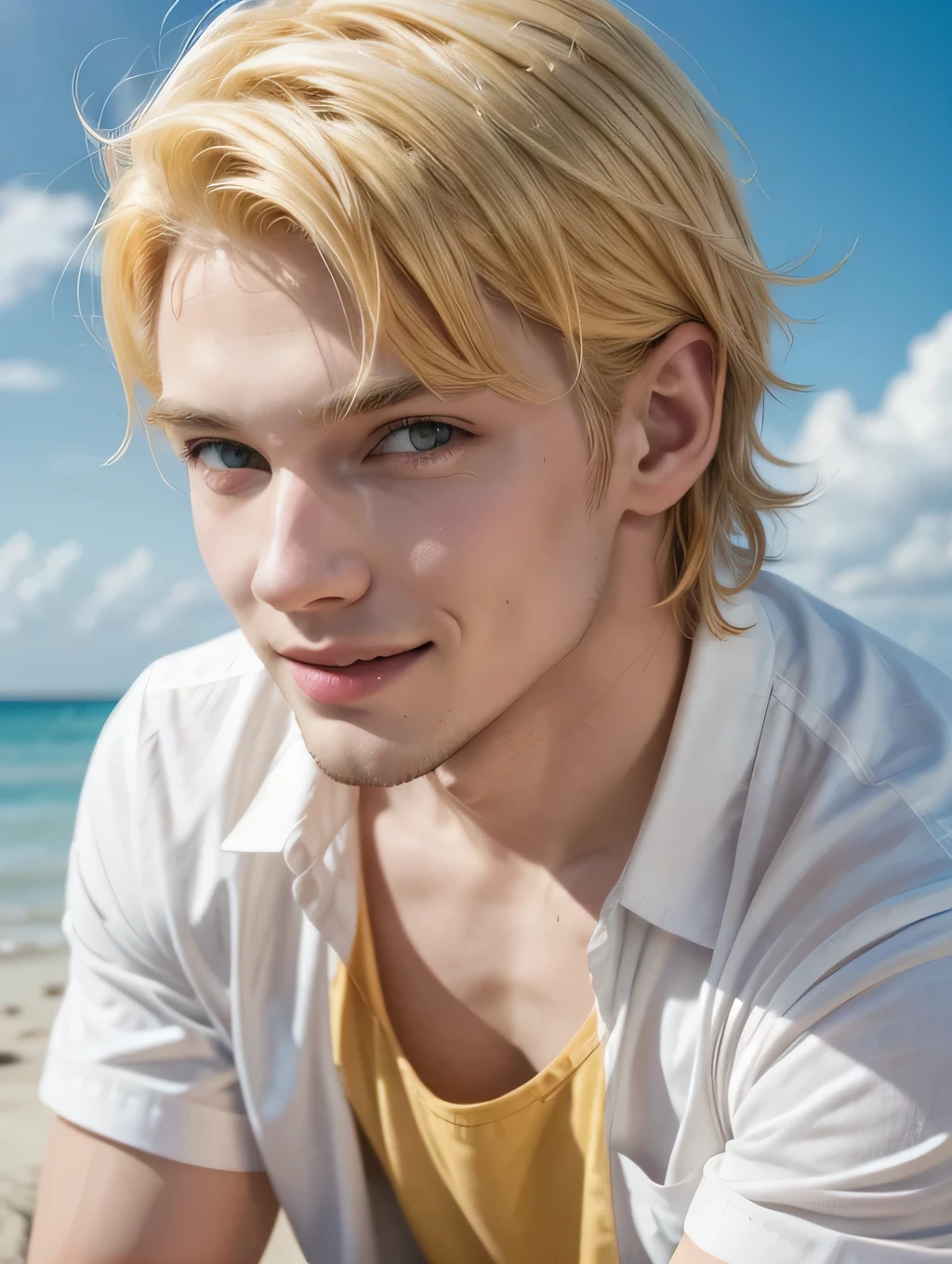 Hot man, yellow hair, yellow eyes,smilling,white shirt, in the beach,medium body