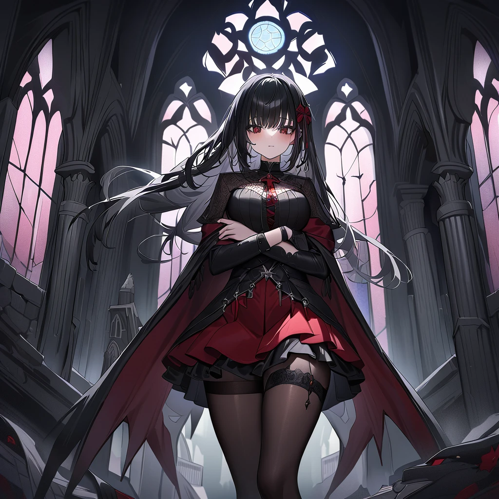 A gothic enchantress in a dark red velvet mini skirt with tights adorned with swirling black smoke patterns. She stands in a moonlit, abandoned cathedral with towering arches and stained glass windows casting eerie, multicolored light. Her raven-black hair flows around her as she holds an ancient spellbook. Tags: best quality, ultra-detailed, gothic, moonlit, eerie beauty, mystical atmosphere.