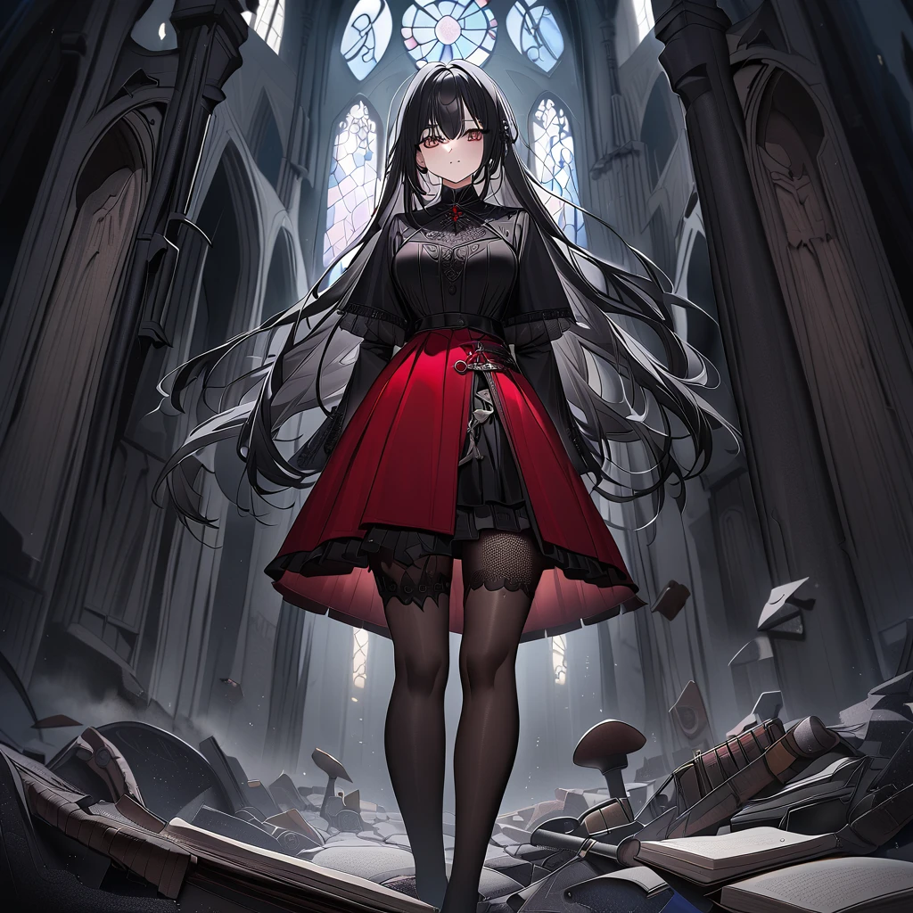 A gothic enchantress in a dark red velvet mini skirt with tights adorned with swirling black smoke patterns. She stands in a moonlit, abandoned cathedral with towering arches and stained glass windows casting eerie, multicolored light. Her raven-black hair flows around her as she holds an ancient spellbook. Tags: best quality, ultra-detailed, gothic, moonlit, eerie beauty, mystical atmosphere.