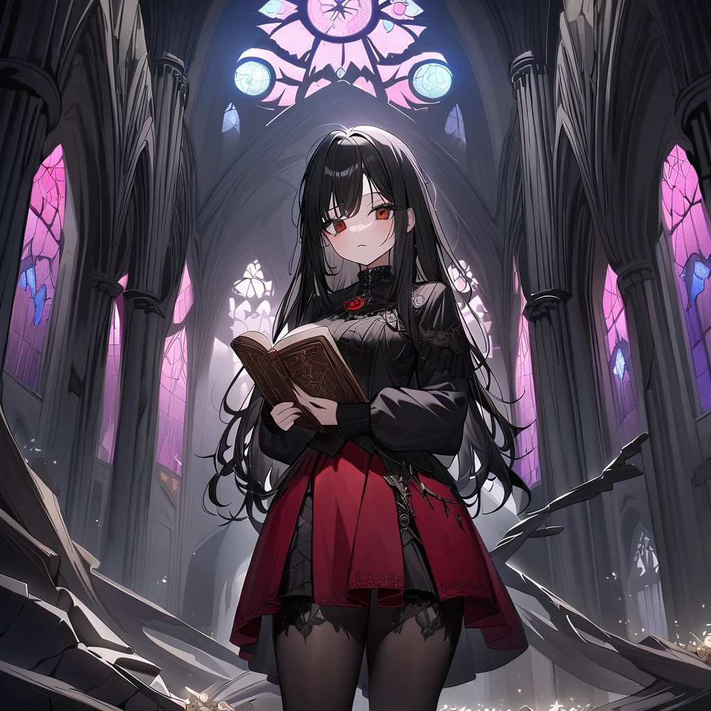A gothic enchantress in a dark red velvet mini skirt with tights adorned with swirling black smoke patterns. She stands in a moonlit, abandoned cathedral with towering arches and stained glass windows casting eerie, multicolored light. Her raven-black hair flows around her as she holds an ancient spellbook. Tags: best quality, ultra-detailed, gothic, moonlit, eerie beauty, mystical atmosphere.